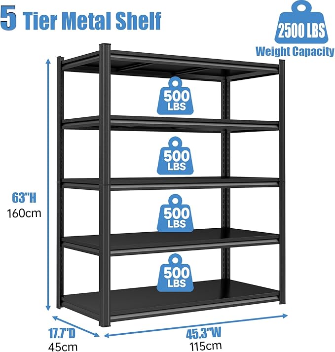 Garage Storage Shelves,5 Tier Shelving Unit, 40 inch Wide, 18” Deep, 78” Tall Organizer Metal Shelf for Basement/Laundry/Pantry Heavy Duty, Adjustable,Easy to Install (5Tier-45.3"WX17.7"DX63"H)