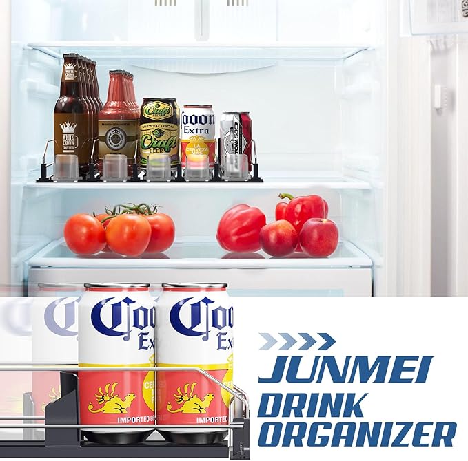 Drink Organizer for Mini Fridge,12oz - Soda Can Dispenser for Refrigerator,Width Adjustable,Automatic Pusher Glide (White (Mini 12.2"D), 12.2"D 2ROW, Holds 8 Cans)