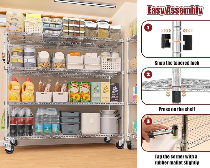 PrimeZone 4 Tier 55.5" Wx24 Dx76 H Wire Shelving with Wheels 2400lbs NSF Certified Storage Shelves Heavy Duty Metal Shelf Adjustable Rolling Rack Commercial Garage Restaurant Warehouse Kitchen 6Pack