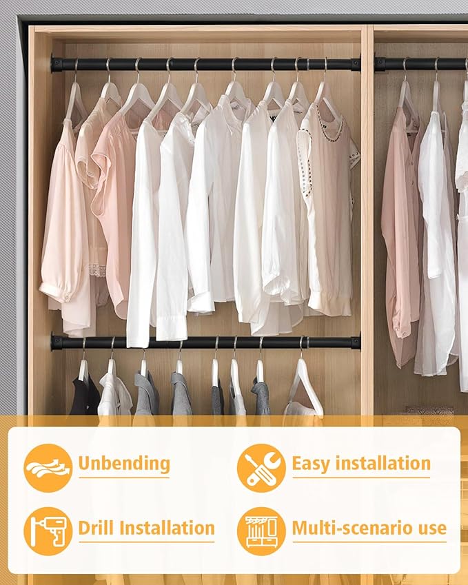 Closet Rod, 17 to 64 Inch Heavy Duty Adjustable Metal Clothing Rack for Hanging Clothes, Closet Poles for Wardrobes, Laundry, Durable Steel, Black