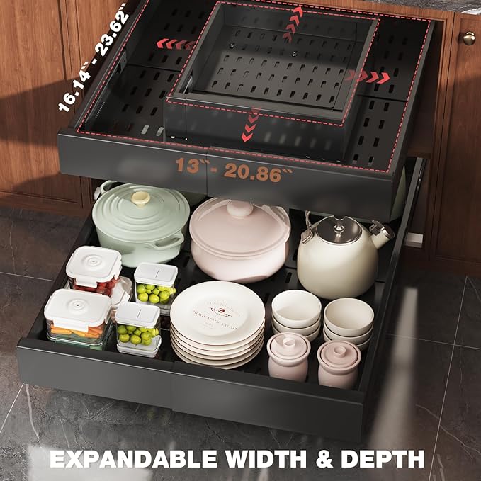 4 Pack Pull Out Cabinet Organizer Expandable Width(13"-21") and Depth(17"-24"),Slide Out Drawers With Raising Pad for Framed Cabinets,No Drill Roll Out Shelves for kitchen,Bathroom,Black