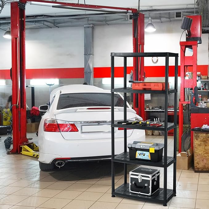 IRONMAX 5-Tier Plastic Storage Shelves, Multi-Purpose Display Shelf Rack, Light Duty Storage Shelving Unit for Laundry Pantry Closet, Black (1, 28“L X 15”W X 67“H)