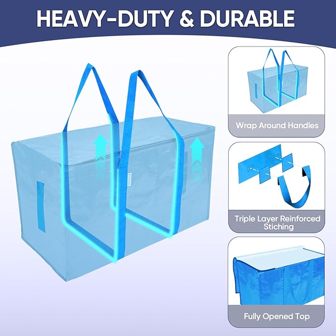 TICONN 4 Pack Extra Large Moving Bags with Zippers & Carrying Handles, Heavy-Duty Storage Tote Moving Boxes for Space Saving (4 Pack, Sky Blue)