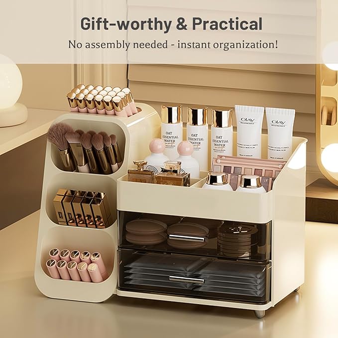 Aveniee Makeup Organizer with Drawers, Large Bathroom Countertop Storage for Vanity, Cosmetic & Skincare Display Case for Brushes, Perfumes, Lipsticks (Cream White)