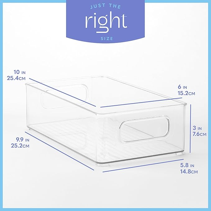primebox 4 Pack Clear Plastic Organizing Container with Integraged Handles for Home Organization for Kitchen, Pantry, Fridge, Freezer, Cabinet,Bathroom, A&C Room, Stackable. 10"x6"x3"