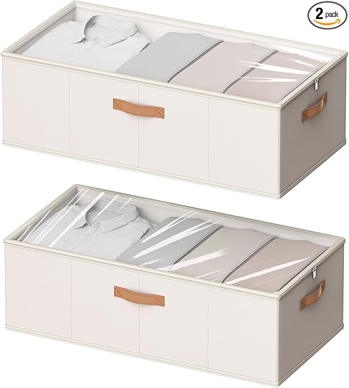 10 Inch 2 Pack Under Bed Storage Containers, 10 Inch Tall Underbed Clothes Storage Organizer Bin with Clear Window，Foldable Box Basket for Clothes, Closet, Bed Sheets and Blankets White