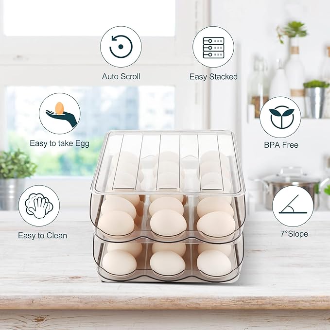 Egg Holder for Fridge, Automatically Rolling Egg Storage Container for Refrigerator,Large Capacity Egg Organizer for Fridge with Lid,Clear Plastic Dispenser, Tray & Bin -2 Layer