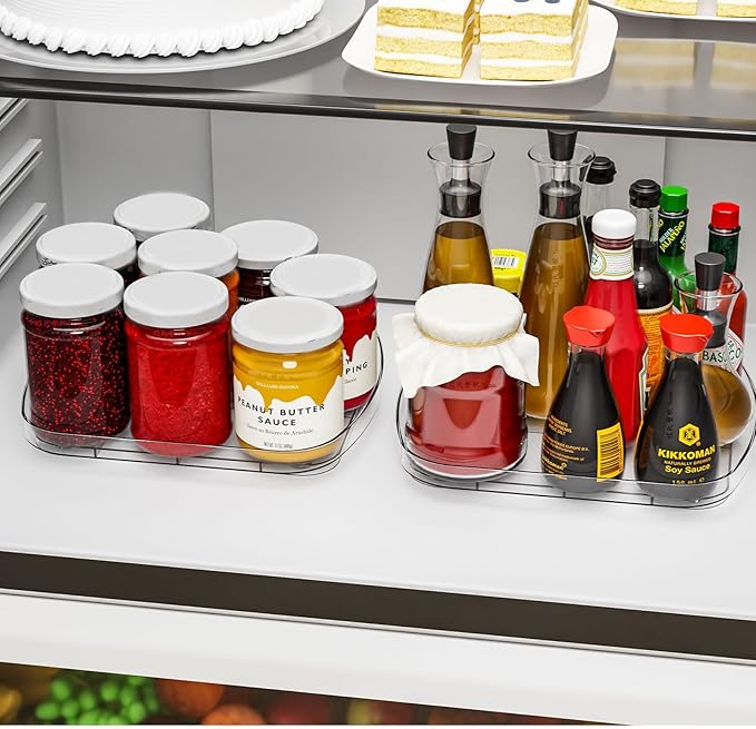 Yieach Clear Refrigerator Lazy Susan Turntable,11.9''x10.2'',Square Fridge Turntable Organizer,Large Rotating Fridge Tray for Kitchen,Countertop,Pantry,Cabinet,Jars and Condiment Organizer,Pack of 2
