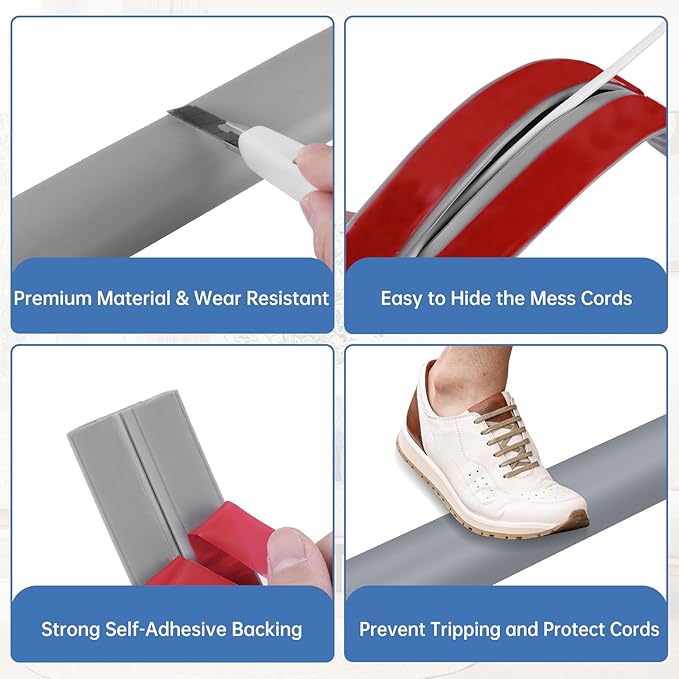 Floor Cord Cover Self Adhesive Cord Hider Floor Extension Cord Covers for Floor Power Cord Protector Cable Management Prevent Cable Trips Cable Cavity 0.47" W x 0.27" H (Grey, 20Ft)