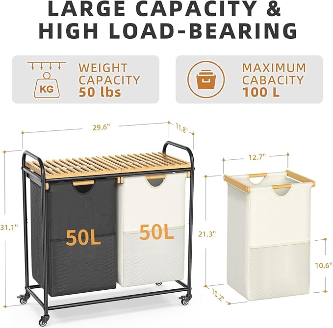 Laundry Hampers 2 Section, Laundry Sorter with Removable Shelf and Pull-Out Bags, Clothes Hampers with Wheels Rolling Cart Basket for Laundry Room Bathroom, 2 x 50 L (Black White)