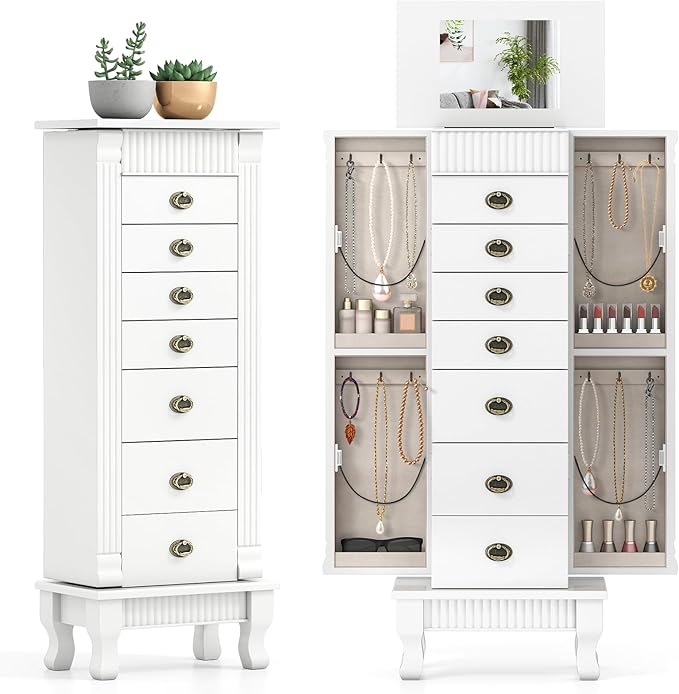Giantex Standing Jewelry Cabinet with 7 Drawers, Flip-Top Mirror, 2 Side Doors with 12 Necklace Hooks, Divided Ring Compartments, Velvet-Lined Jewelry Armoire Organizer Chest (White)