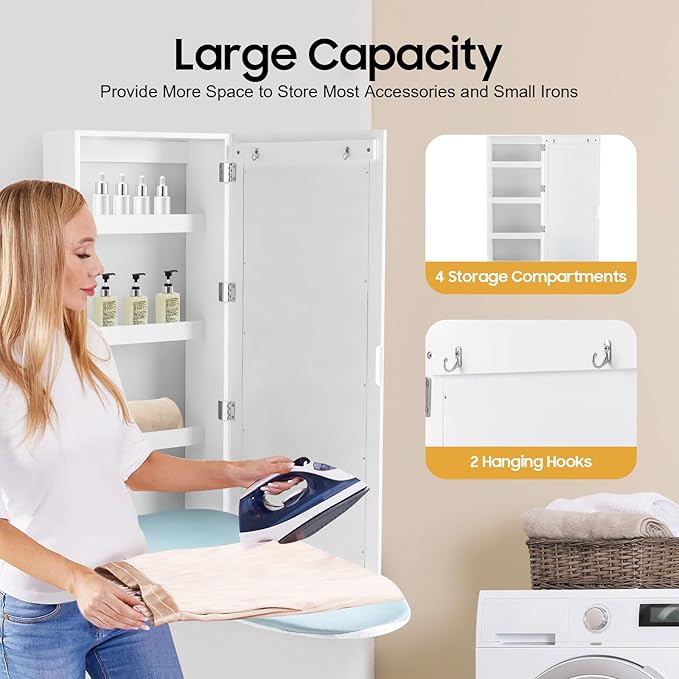 Wall-Mounted Ironing Board Cabinet with Storage Shelves & Door, Built in Foldable Ironing Board, Wall Hanging Ironing Storage Station for Bedrooms Laundry Rooms Apartments Small Spaces