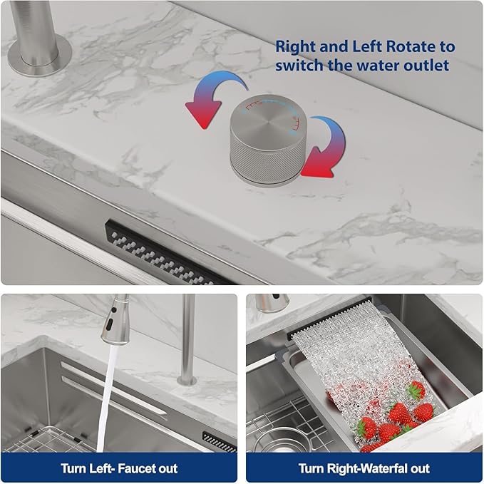 Lordear 33" Undermount Waterfall kitchen Sink - Undermount Kitchen Sink Stainless Steel16 Gauge Single Bowl Ledge Workstation Handmade Under Counter Smart Kitchen Sink 33 Inch