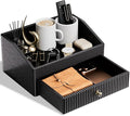 Desk Accessories,Black Vegan Leather Desk Organizers with 1 Draw & Tray,Remote Control Holder with Gold-Tone Metal Accents Knob for End Tables,Bedside Table,Bedroom