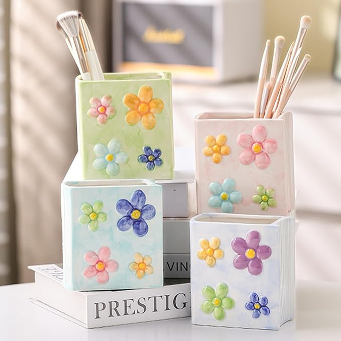 Book Vase Flower Pencil Cup Pen Holder For Office Desk Decorative Books Blue Flower Vase Cute Toothbrush Holders Home Decor Teacher Book Gifts for Women Small Makeup Brushes Holder
