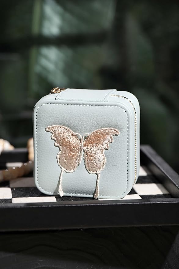 S.Leaf Travel Jewelry Organizer Boxes for Women Small Portable Necklace Earrings Bracelet Rings Travel Case Best Friend Birthday Gifts for Women Trendy (Butterfly_Hazeblue_Gold)