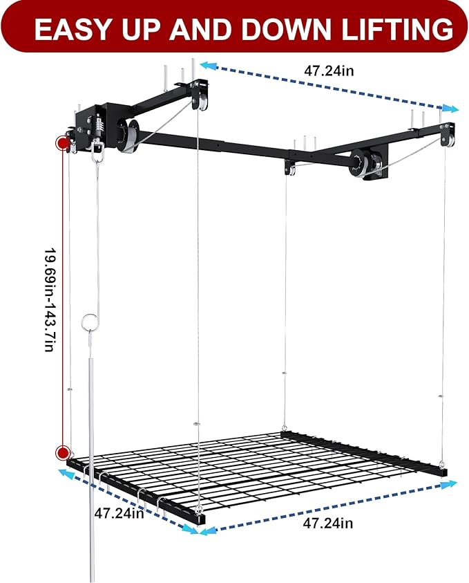 Overhead Garage Storage Rack 4x4 FT, Adjustable Ceiling Lift Storage System for 10–12 FT Ceilings, Heavy-Duty Steel Overhead Shelf with Crank Handle, Safety Lock, 250 lbs Capacity