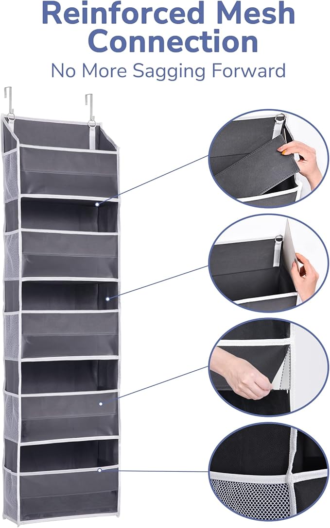 ULG 1 Pack Over Door Organizer with 5 Large Pockets 10 Mesh Side Pockets, 44 lbs Weight Capacity Hanging Storage Organizer with Clear Window Kids Toys, Shoes, Diapers, Dark Grey, 5 Layers