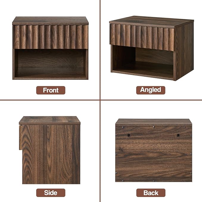 Floating Nightstand with Fluted Drawer - Modern Wall Mounted Bedside Table with Open Storage Shelf, Small Night Stand TV Stand for Bedroom(Walnut, Set of 2)
