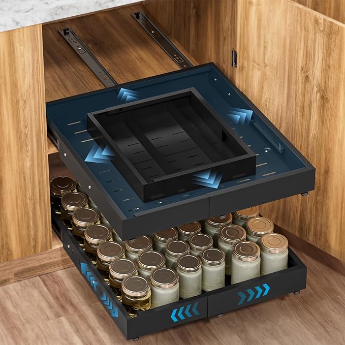 Pull Out Cabinet Organizer Expandable (12.4"-20.08")W & (16.26"-22.44")D, Insputer Slide Out Drawers for Kitchen, Pantry with 2Pcs Magnetic Panel, 3 Slide Rail, No Drill Adhesive Roll Out Shelf Black