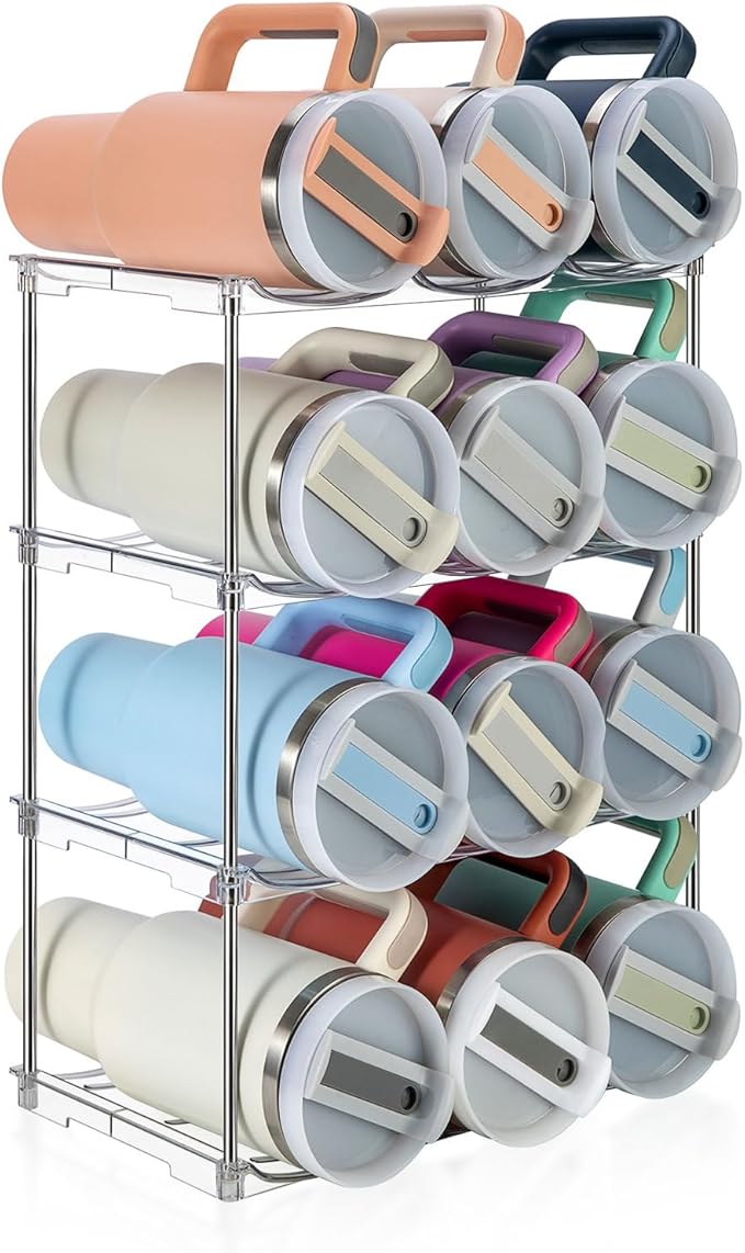 Water Bottle Organizer for Stanley 40 oz Tumbler, Stackable Water Bottle Holder for Kitchen Fridge Cabinet Organization and Storage, Plastic Wine Rack/Drink Bottle Holder (4 Pack - Hold 12)