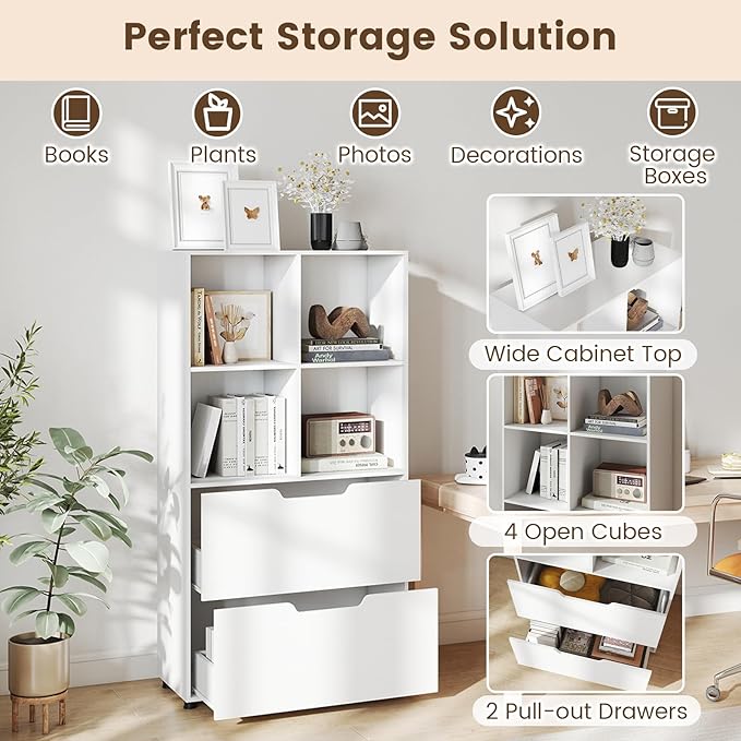 GOFLAME 4-Tier Bookcase with 2 Drawers, 51” Tall Bookshelf with 4-Cube Open Shelf, Wood, Modern, Freestanding Display Storage Organizer Shelf for Living Room, Home Office (2,White)