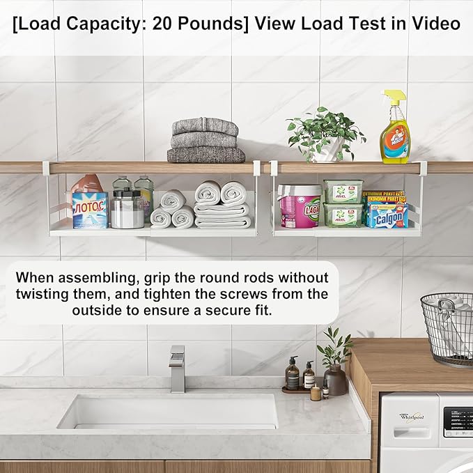 Expandable Under Cabinet Shelf Organizer with 0.94-Inch Thick Clips, Heavy Duty Extendable Under Shelf Storage Basket for Pantry or Laundry Room, White, 2 Pack, Interior: 4.13" H x 7.2" D