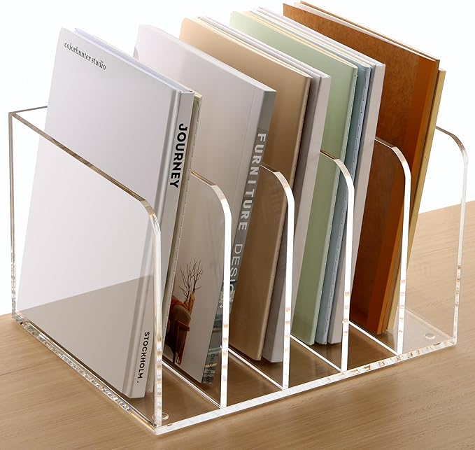 SANRUI Acrylic File Organizer, Clear Magazine File Holder Desk Organizer for Office Organization and Storage with 5 Vertical Compartments, Desktop Bookshelf for Home Office Organization