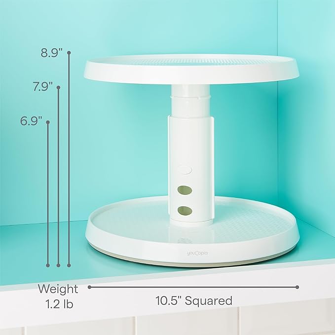 YouCopia Crazy Susan Two-Tier Turntable, Height-Adjustable Lazy Susan Organizer for Kitchen Cabinet and Pantry Organization and Storage, White
