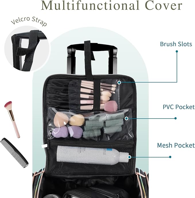 Stagiant Rolling Makeup Train Case, Professional Makeup Case, Travel Cosmetic Organizer Make Up Storage Bag for Makeup Artist, Hairstylist, Barbers, with 5 Toiletry Bags, Black