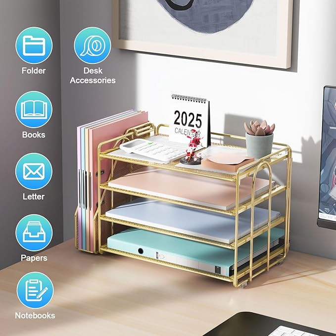 gianotter 4-Tier Paper Organizer With Magazine Holder, Desk Organizers and Accessories, Gold Desk Accessories, File Organizer for Office Supplies Storag(Gold)