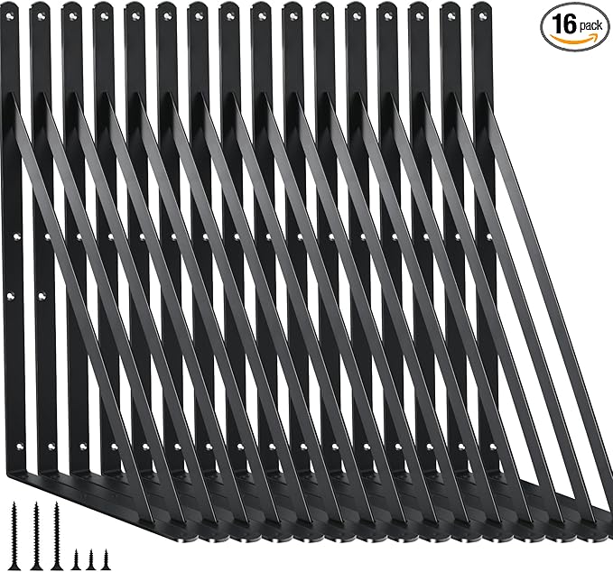 16 Pack L18 x H 12" Black Heavy Duty Shelf Brackets with Screws Metal Shelf Brackets Shelf Support Angle Brackets for Shelves L Brackets Heavy Duty Floating Shelf