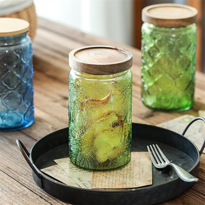 Vintage Glass Storage Jar with Solid Wood Lid - Sunflower Design Kitchen Canister for Coffee, Candy, Laundry Detergent - Cute Food Storage Jar (Green, 34 Ounces)