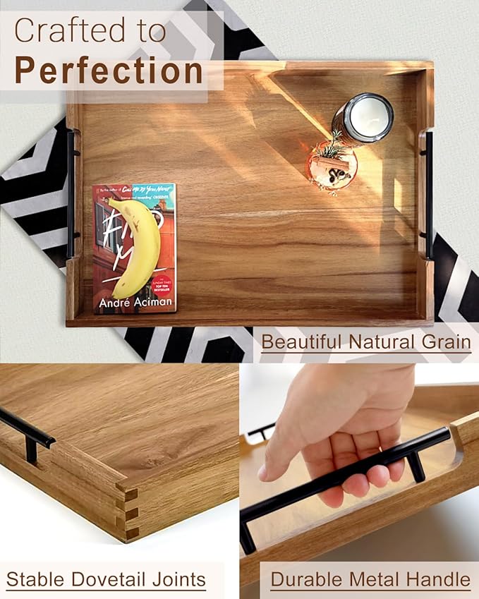22 Inches Acacia Wood Serving Tray with Metal Handles, Large Wooden Rectangle Ottoman Tray, Decorative and Durable Design for Living Room Coffee Table Couch Kitchen