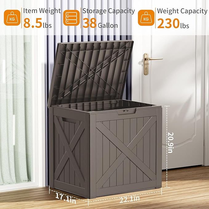 38 Gallon Outdoor Deck Box,Storage Lockable Waterproof Patio Furniture,Garden Tools,Cushions,Pool Accessories Outside Storage Resin Box(Grey)