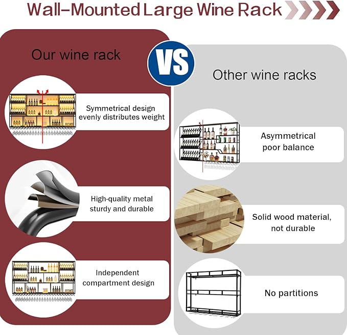 3 Tier Large Wine Rack Wall Mounted with Glass Holder, Black Modern Iron Liquor Shelf, 70.8 Inch Large Wine Bottle Display Shelf, for Kitchen Dining, Home Bar, Cellar (70.8" W)