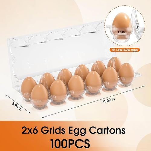 100 Pack Plastic Egg Cartons Cheap Bulk, 12 Count Clear Egg Containers for Fresh Chicken Eggs, 2x6 Grids Refrigerator Egg Trays for Refrigerator Storage, Chicken Farm, Market Display & Commercial Use