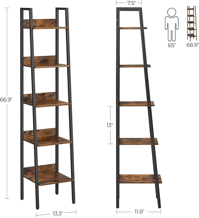 VASAGLE Bookshelf, 5-Tier Narrow Book Shelf, 11.8 x 13.3 x 66.9 Inches, Ladder Shelf for Home Office, Living Room, Bedroom, Kitchen, Rustic Brown and Ink Black ULLS109B01