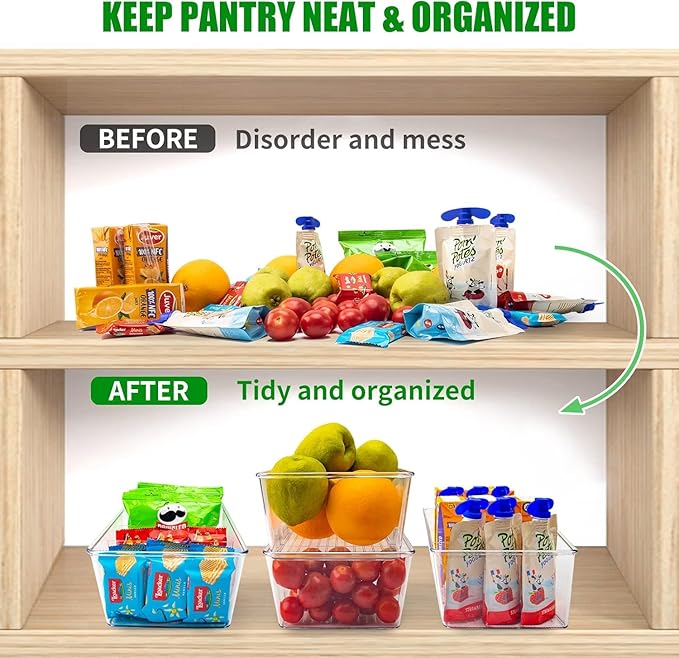 Pantry Organizers and Storage,Kitchen Organizers and Storage for Fridge,Drawer and Refrigerator - Spice Organization for Cabinet,Clear Plastic Stackable Organizer Bins with 3 Dividers (7 Pcs)