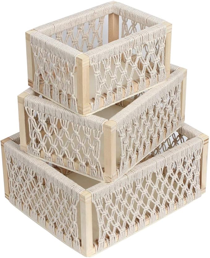 Macrame Baskets for Storage Set of 3, White Decorative Storage Bin for Living Room, Perfect Pampas Grass Holder