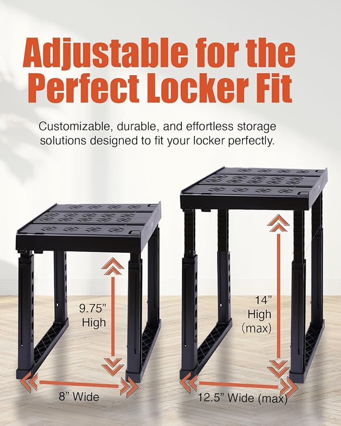 Locker Organizer Shelf， Adjustable Width and Height, Stackable, Ideal Locker Shelf for School, Office, Gym Lockers, or Even Kitchen Cabinets & Under Sink Organization(White 2 Pack)