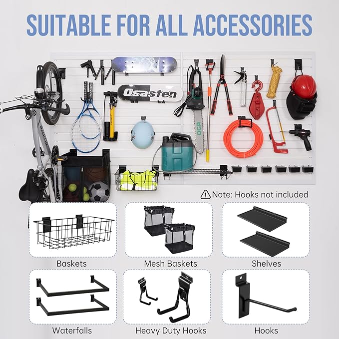 Slatwall Panels Garage Slat Wall Storage Systems 4'x 8', Slat Wall Paneling Garage Wall Organizer, White Slat Board PVC Wall Panels Slatwall Displays Garage Tool Organizer Wall Mount Ladder Bike Rack