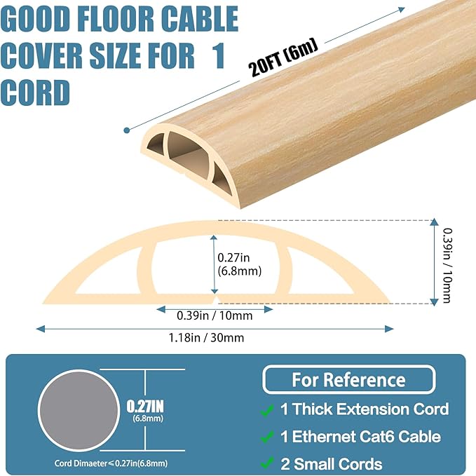 Floor Cord Covers for Wires 20FT Cable Hider Wire Cover Self Adhesive Cord Hider Floor for Offices, Homes, Workshops, Warehouses Cable Cavity 0.39" W x 0.27" H