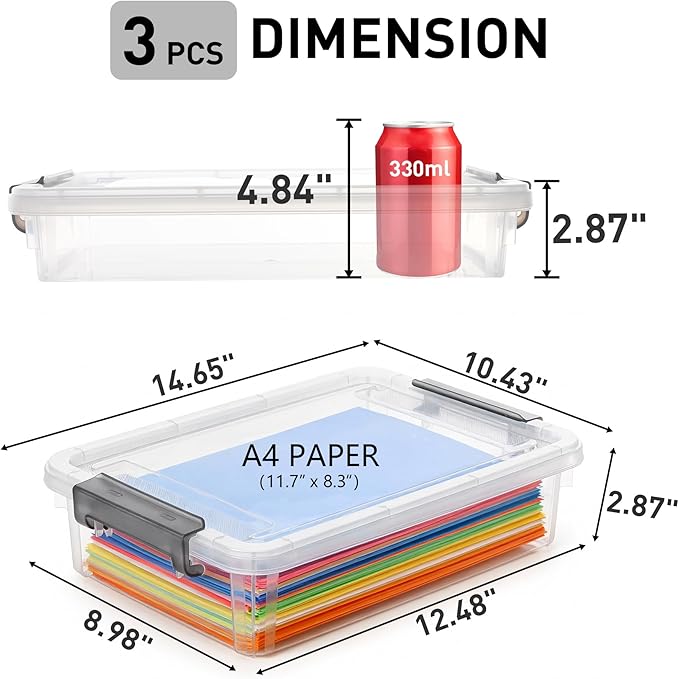 Citylife 3 PCS Plastic Storage Bins with Latching Lids Portable Project Case Clear File Box Stackable Storage Containers for Organizing A4 Paper, Photo, Document, Scrapbook