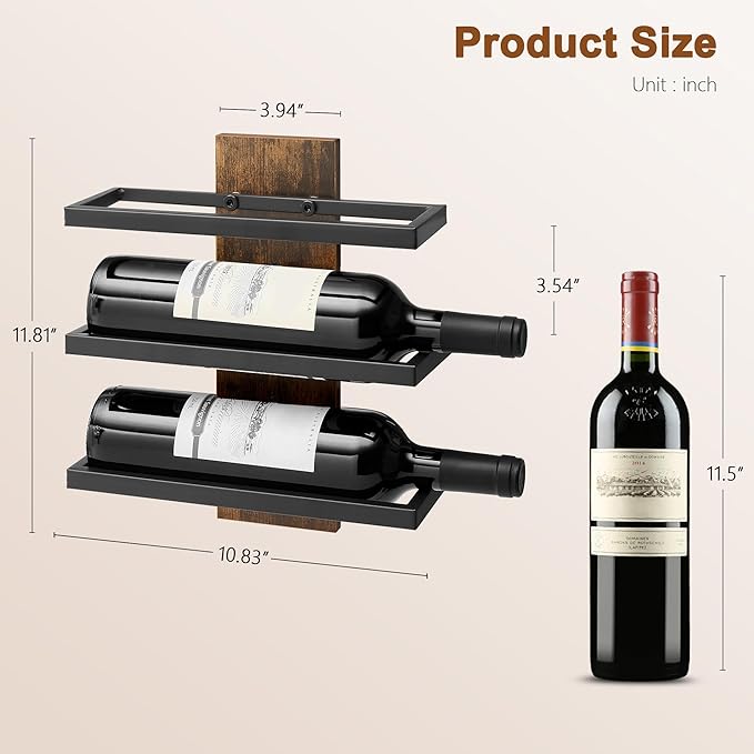 Hoctieon 3 Tier Wall Mount Wine Rack Set (9 Bottles), Wall Mounted Wine Bottle Rack for Display and Storage, Hanging Bottle Holder, for Living Room, Dining Room,Bar,Wine Cellar,Rustic Brown