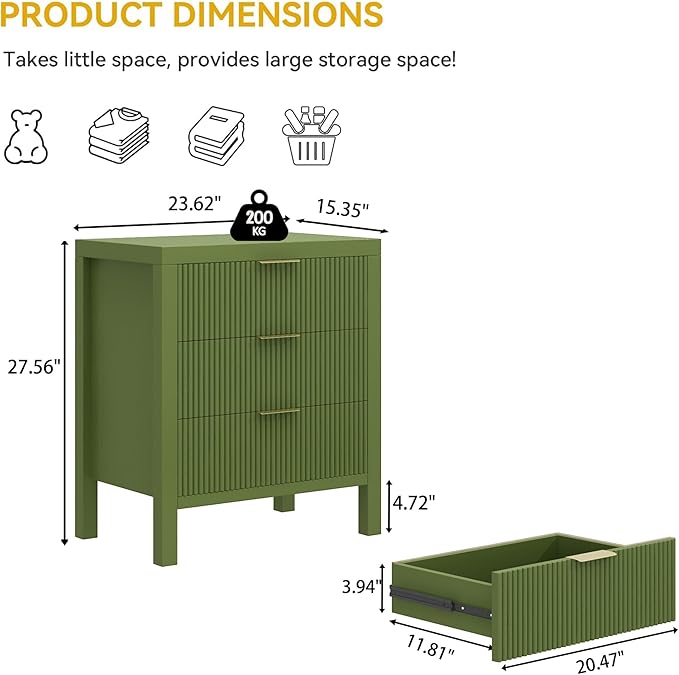 6 Drawer Dresser, Modern Wood Storage Chest of Drawers Organizer with Waveform Panel, Fluted Dresser with Wide Drawers and Golden Handles for Bedroom, Hallway, Entryway, (Green *2)