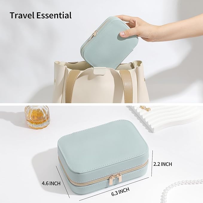 Genuine Leather Travel Jewelry Organizer Case with Mirror for Women, Small Mini Portable Jewelry Box for Ring Earrings Necklace Bracelet Luxury Gift for Women（Light Blue）