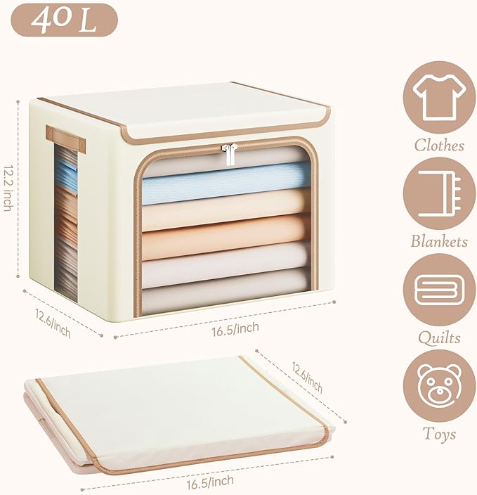 Yecaye Clothes Storage Bins with Metal Frame, Foldable Clothing Storage Bin with Lid, Stackable Oxford Fabric Organizer Box With Clear Window & Zippers & PU Leather Handles (3 Pack,Beige,40L)
