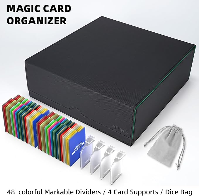 AFIING Trading Card Storage Box, MTG Deck Box with 48 Dividers & Supporters, Commander Card Deck Case Fits for Magic Game Cards, YugiOh, TCG, baseball and Sport Cards, Black Green 3200+