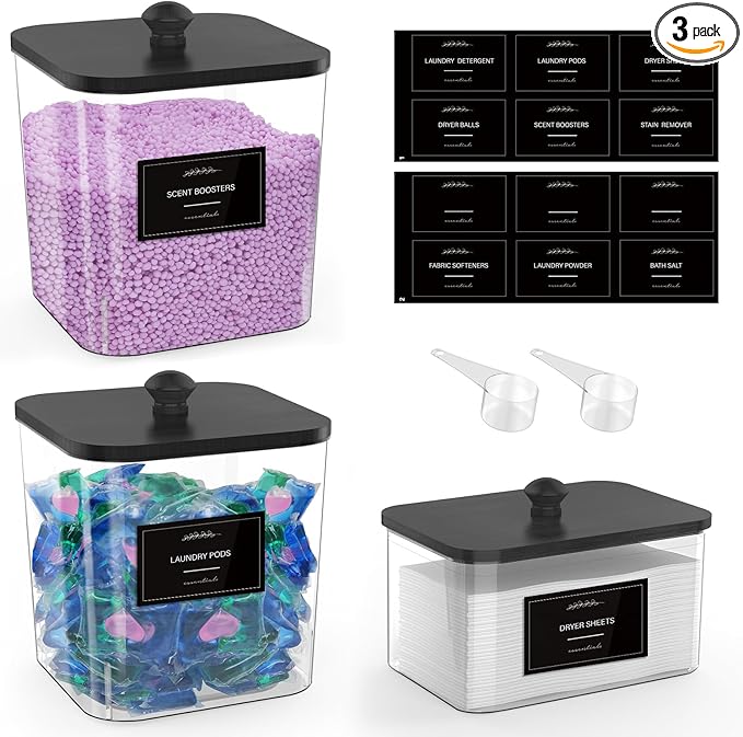 2+1 Pack Clear Laundry Pods Container & Dryer Sheet Holder, Plastic Square Laundry Room Organization and Storage Jars with Black Lids, Scoops & Labels for Detergent, Powder, Dryer Balls